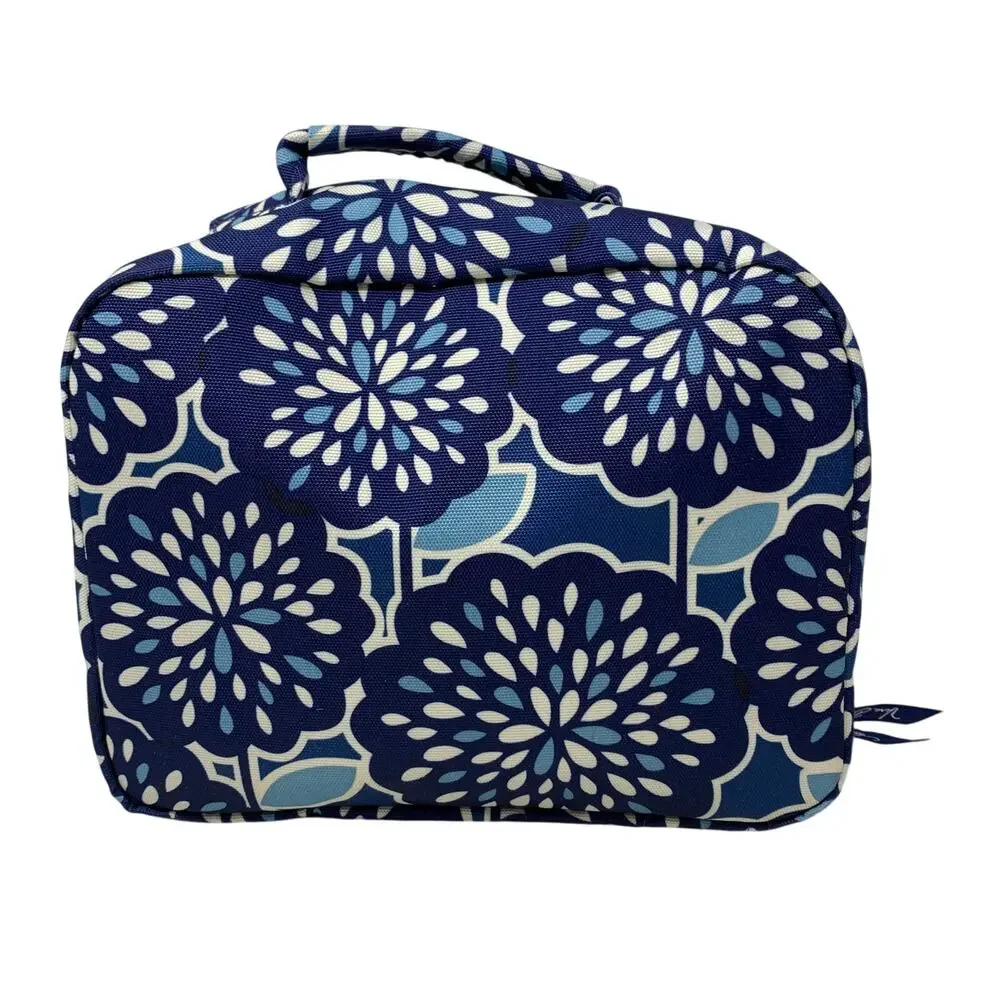 Vera Bradley Large Cosmetic Makeup Bag Travel Case Blue Floral Zip Around